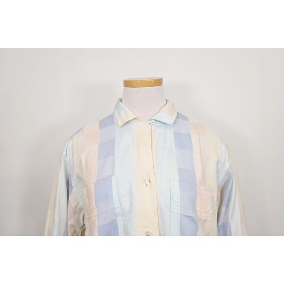 Vintage 80s Blouse Blue Peach Yellow Green Plaid Top Cotton Misses Size 6 - Picture 2 of 5